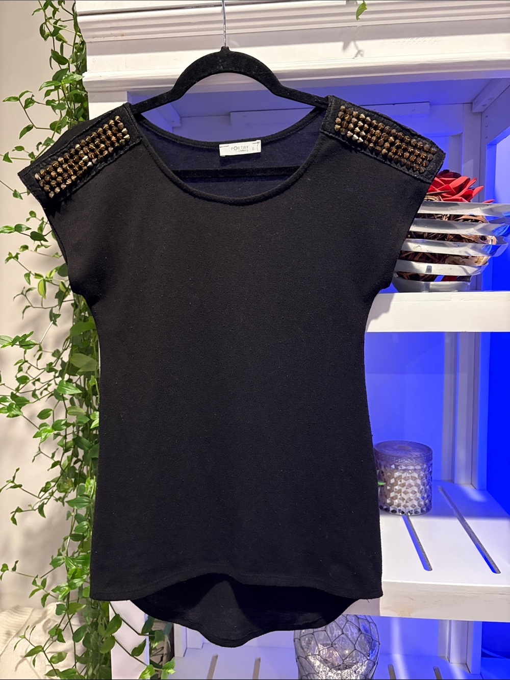 Poetry Black Short Sleeve Top with Gold Studded Shoulders